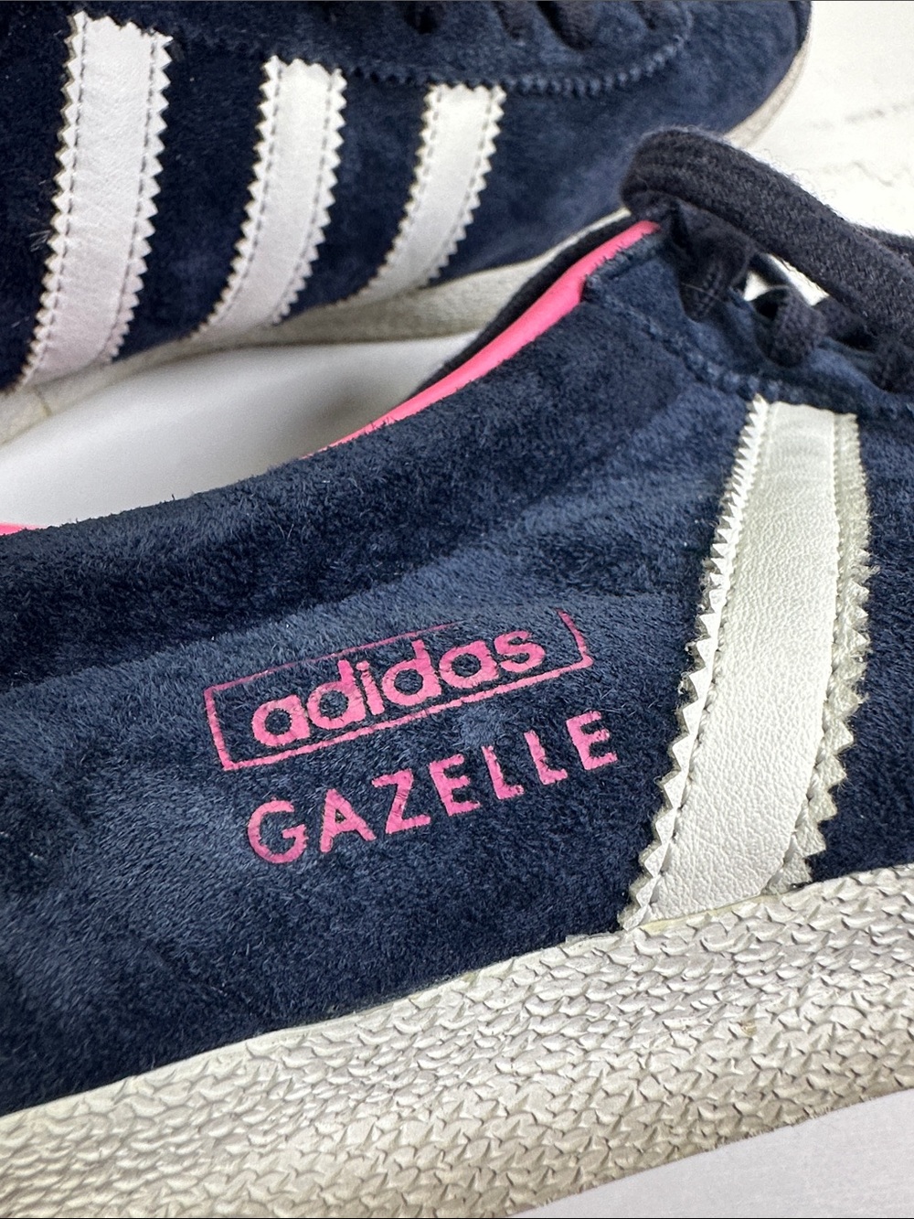Adidas Gazelle Low Top Lace Up Sneakers, Navy Suede, White & Pink, Women's 9 - Picture 2 of 10